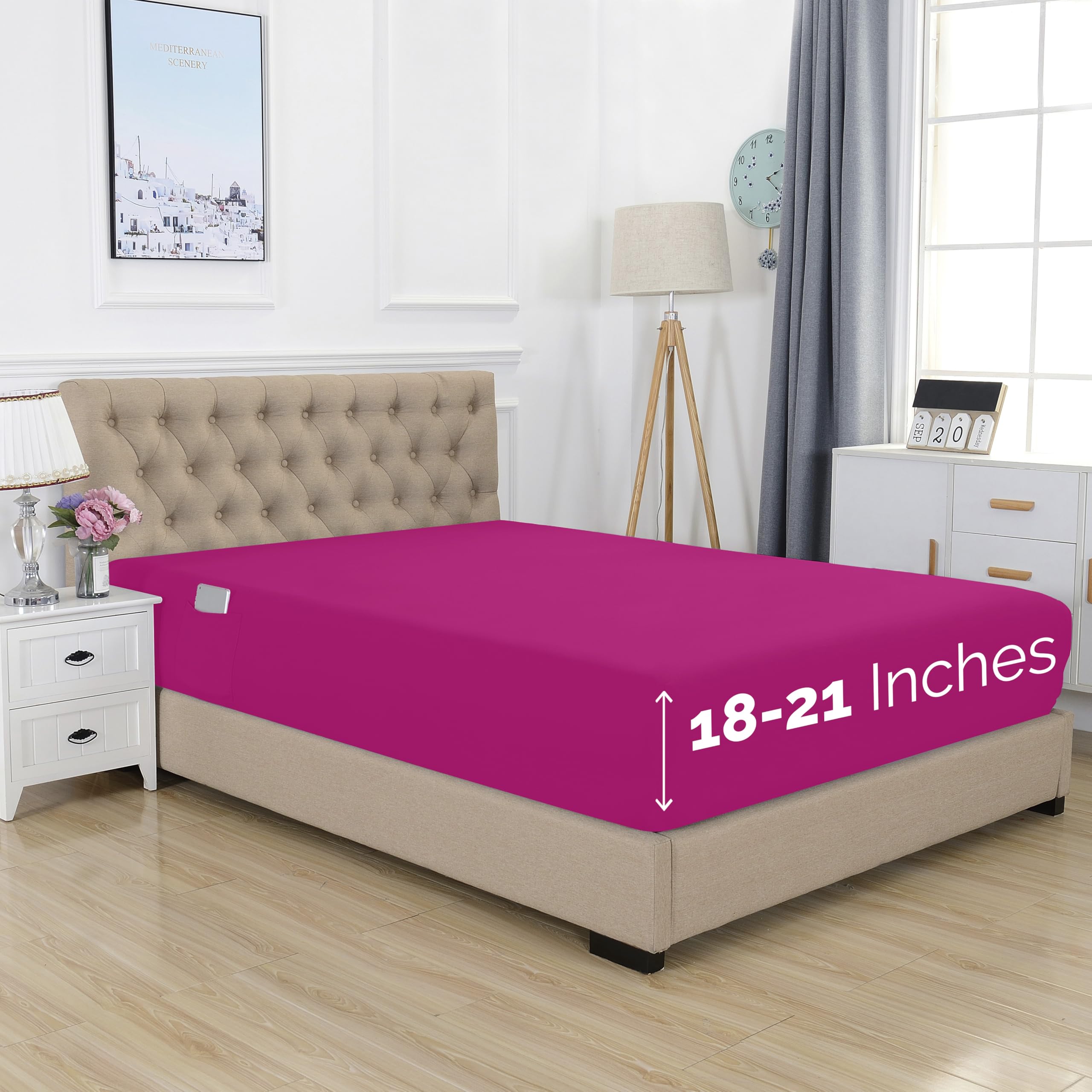 Elegant Comfort 1500 Premium Hotel Quality 18-21 Inches Deep - Extra Deep Pocket Single Fitted Sheet For High Mattress, Luxury And Softest, Smart Pocket - Wrinkle Free, Queen, Pink